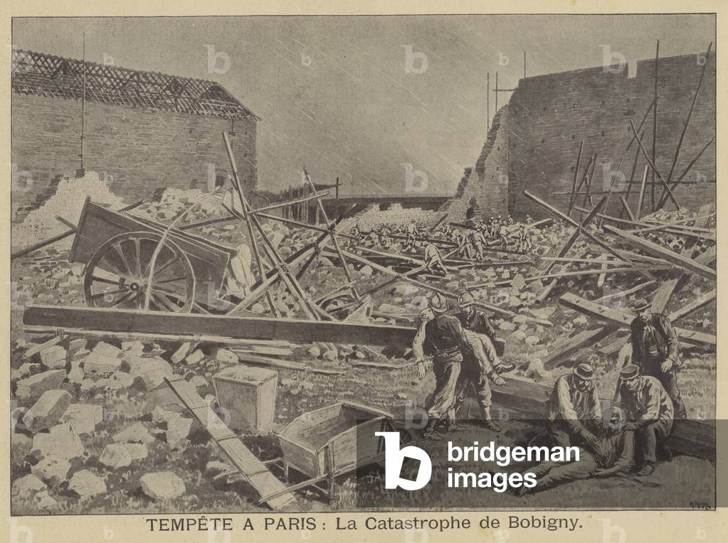 Storm damage in Bobigny, Paris (litho)