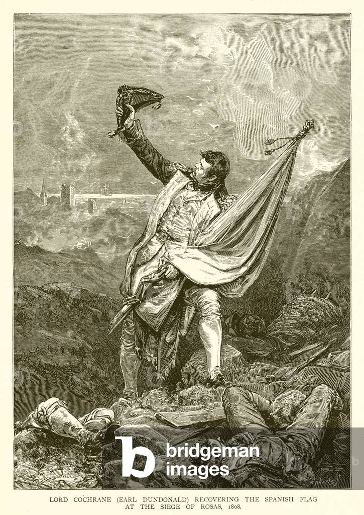 Lord Cochrane (Earl Dundonald) recovering the Spanish Flag at the Siege of Rosas, 1808 (engraving)