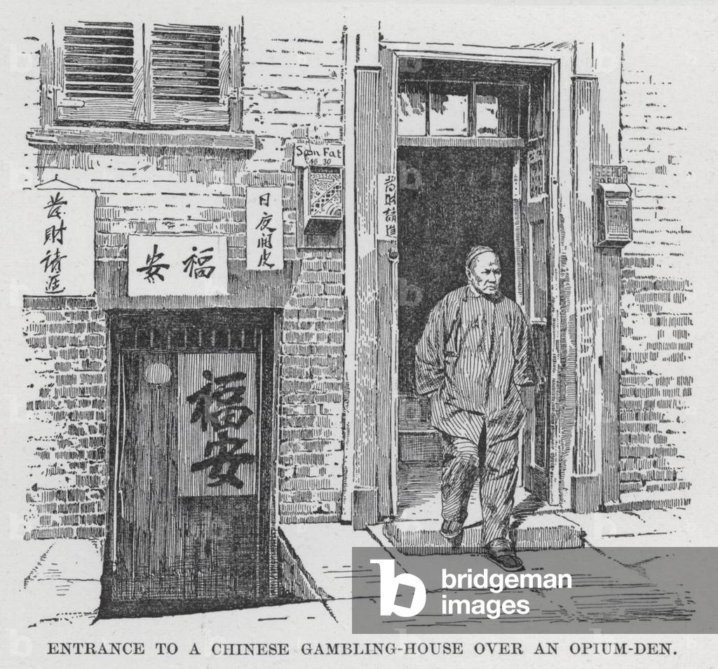 Entrance to a Chinese Gambling-House over an Opium-Den (litho)