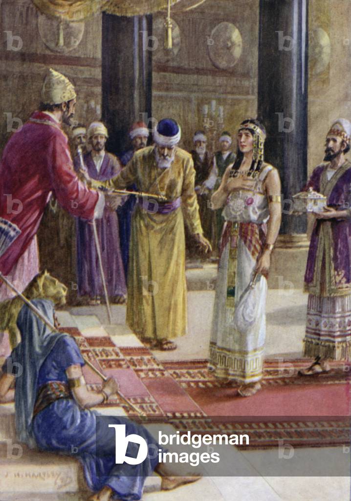 Solomon and the Queen of Sheba, I Kings X 1-10 (colour litho)