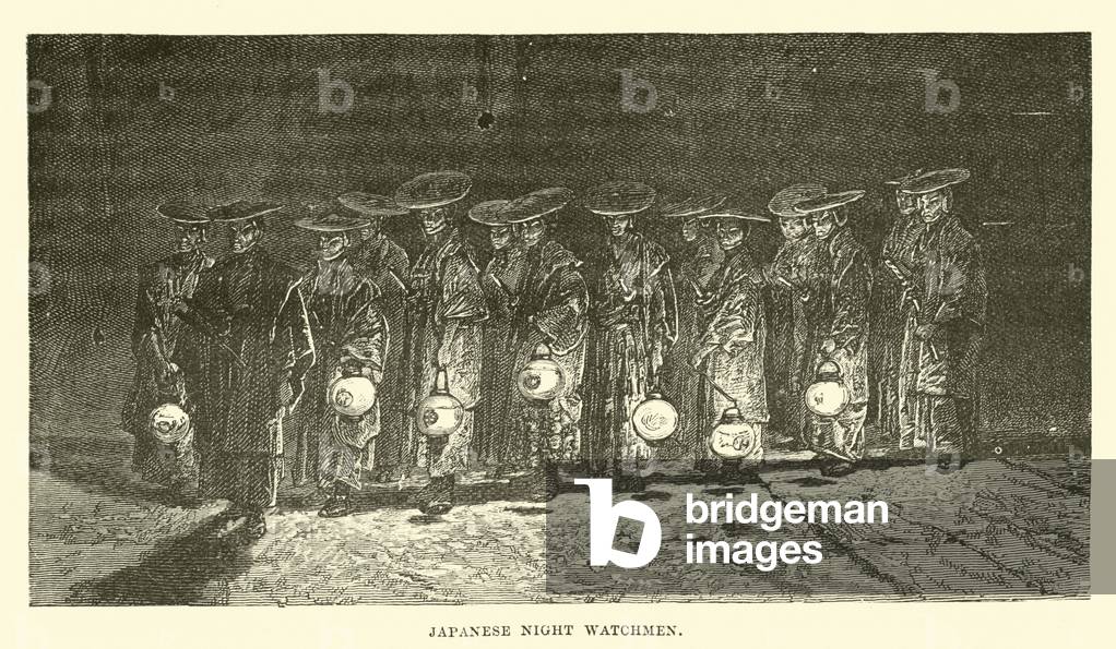 Japanese night watchmen (engraving)