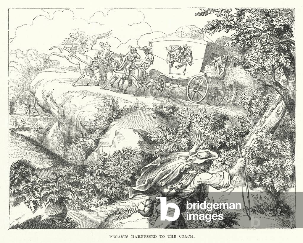 Pegasus harnessed to the coach (engraving)