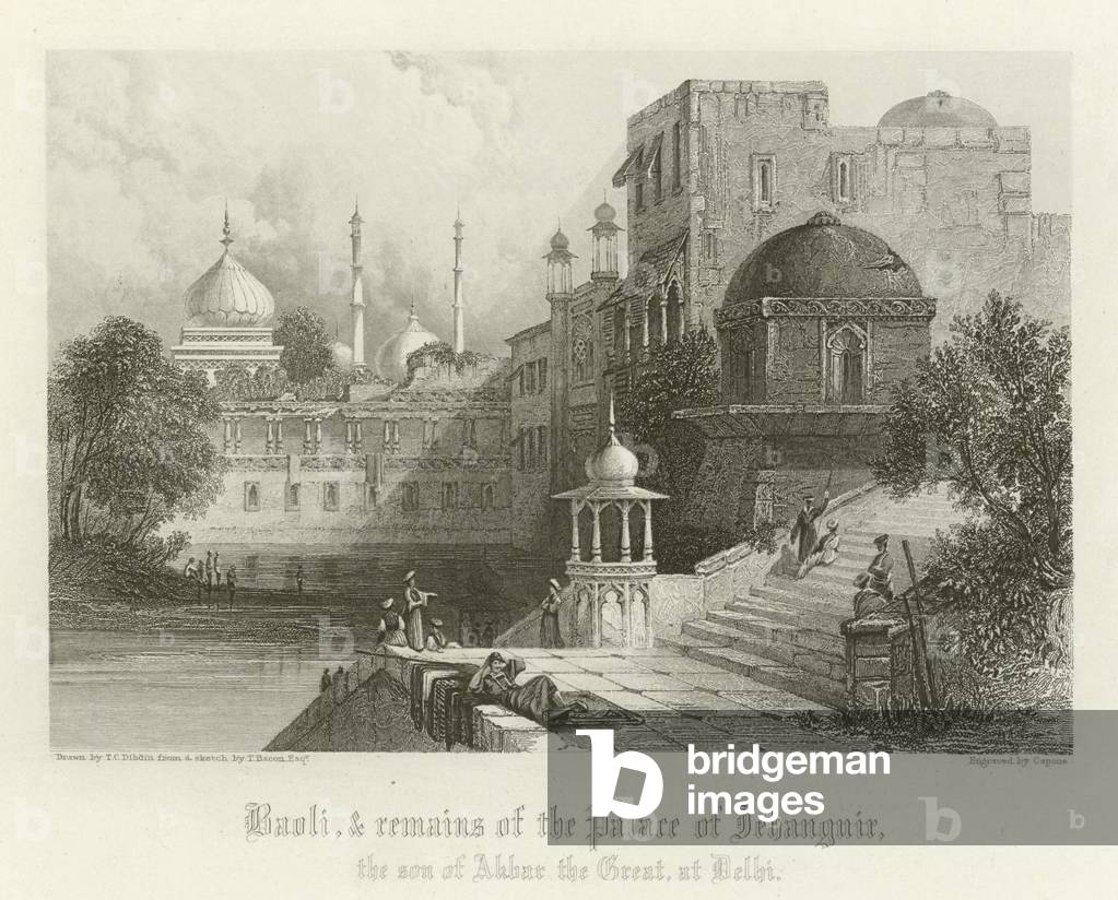 Baoli and remains of the Palace of Jahangir, Delhi, India (engraving)