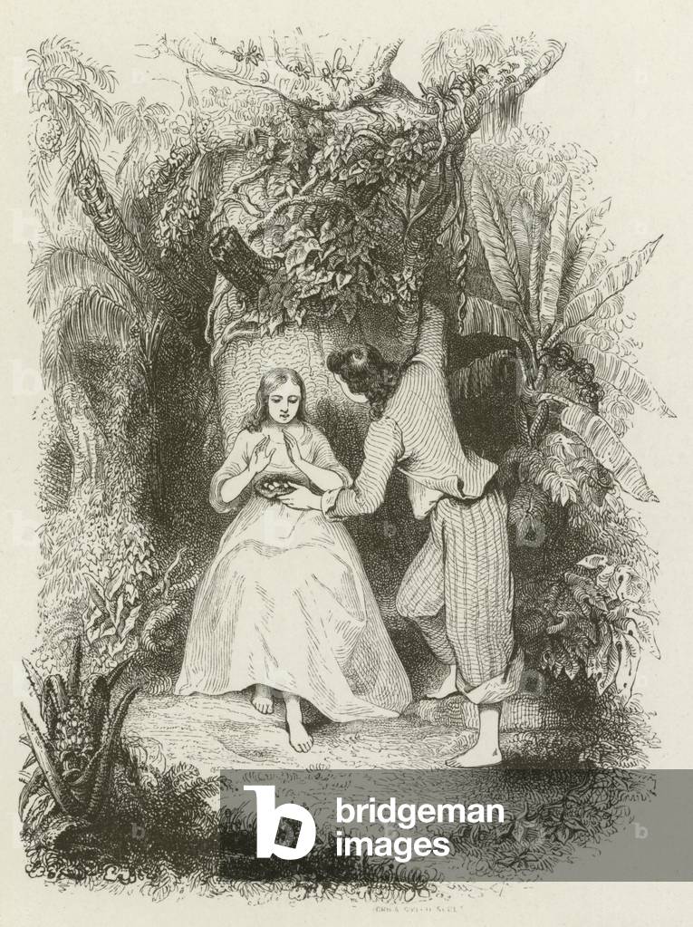Paul presenting a bird's nest to Virginia (engraving)