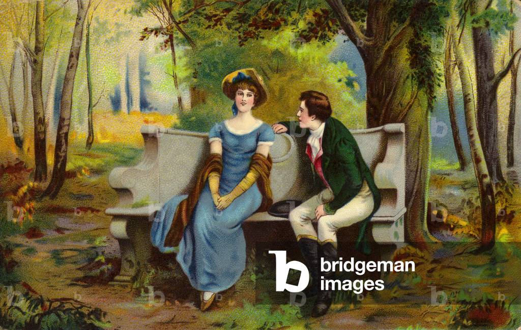 Couple sitting on a loveseat (chromolitho)