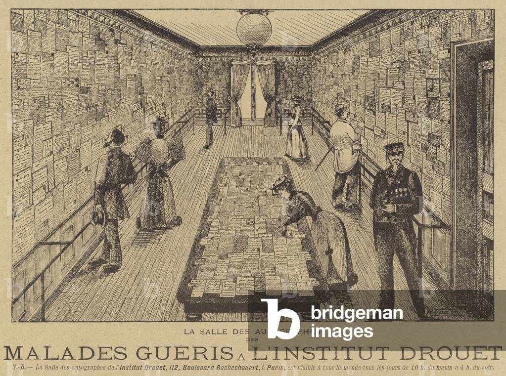 Room filled with letters from patients cured at the Institut Drouet (litho)