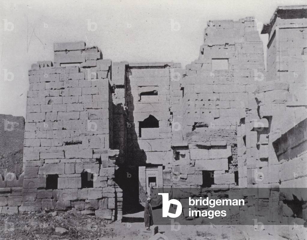 Egypt: Entrance to the Temple of Thutmes II, at Medinet Habu (b/w photo)
