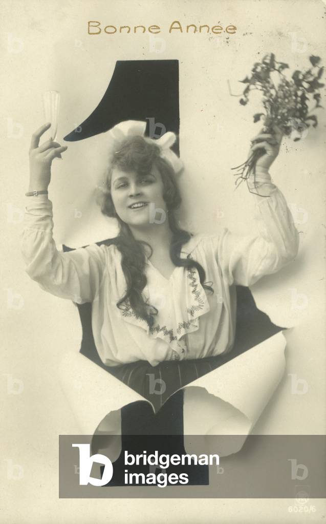 New Year's card with number one (b/w photo)