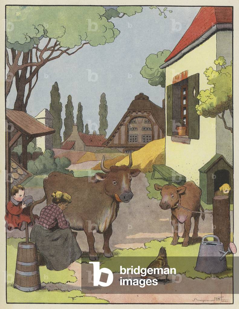 Woman milking a cow in a farmyard (colour litho)