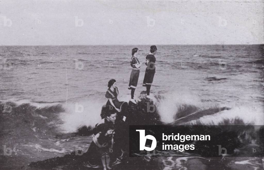 Old Orchard Beach, Maine: Surf at Googins Rocks (b/w photo)
