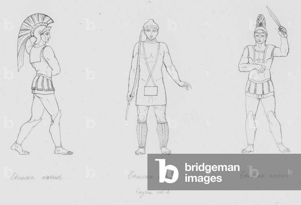Etruscan warrior, Etruscan archer, Etruscan warrior, Caylus, vol 3 (engraving)