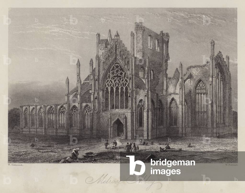 Melrose Abbey (colour litho)