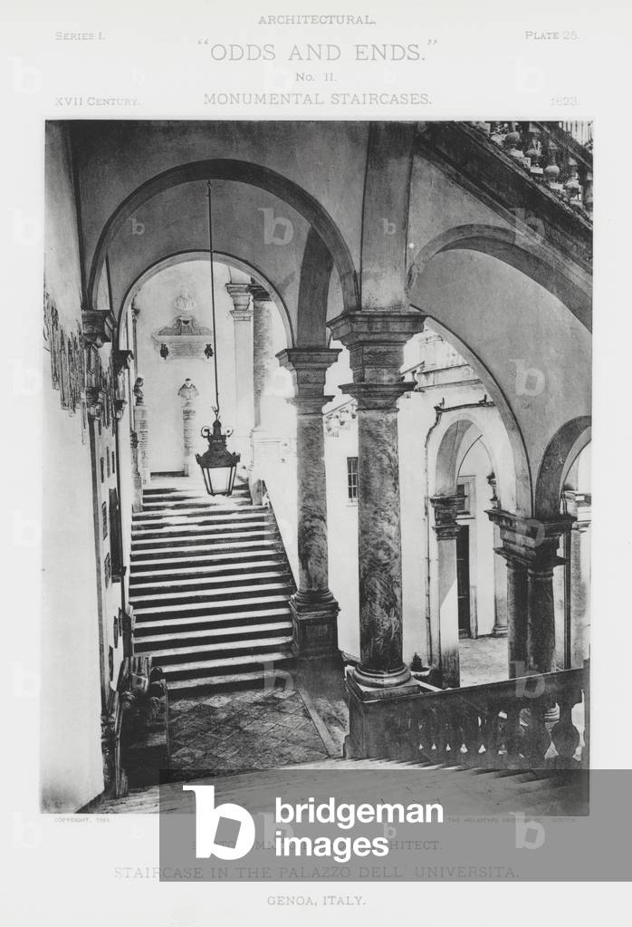 Staircase in the Palazzo Dell' Universita, Genoa, Italy (b/w photo)