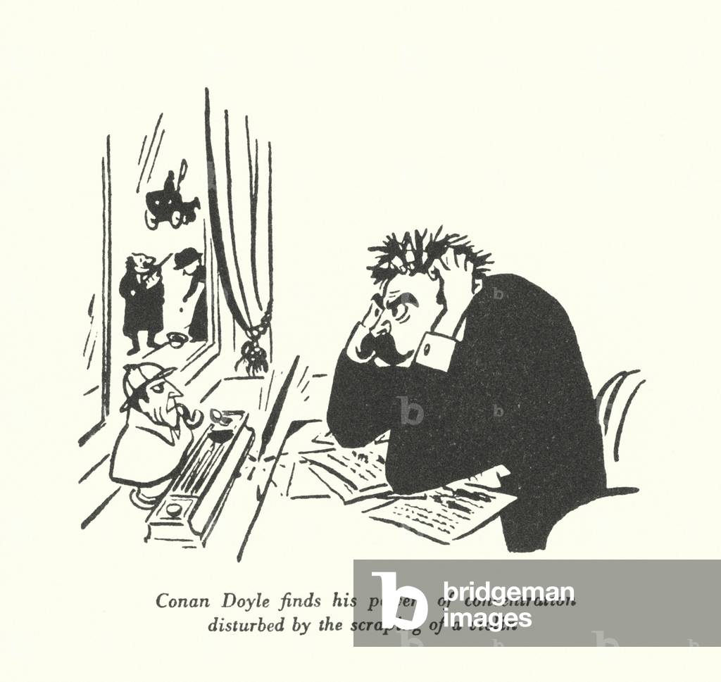 Conan Doyle finds his powers of concentration disturbed by the scraping of a violin (litho)