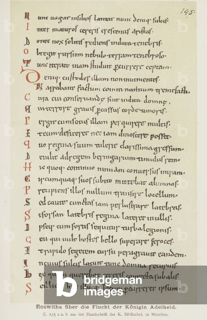 Manuscript written by Hrotswitha of Gandersheim describing the escape of Queen Adelheid, 10th Century (colour litho)