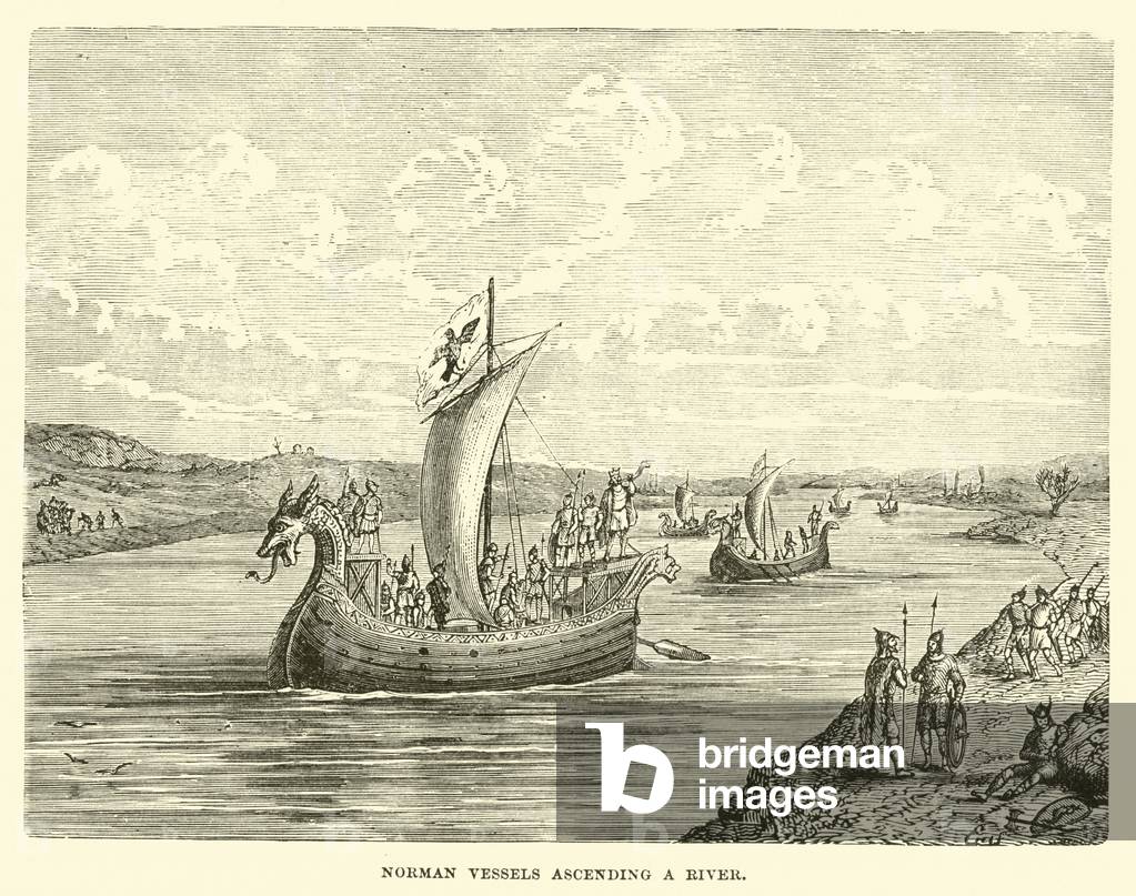 Norman vessels ascending a river (engraving)