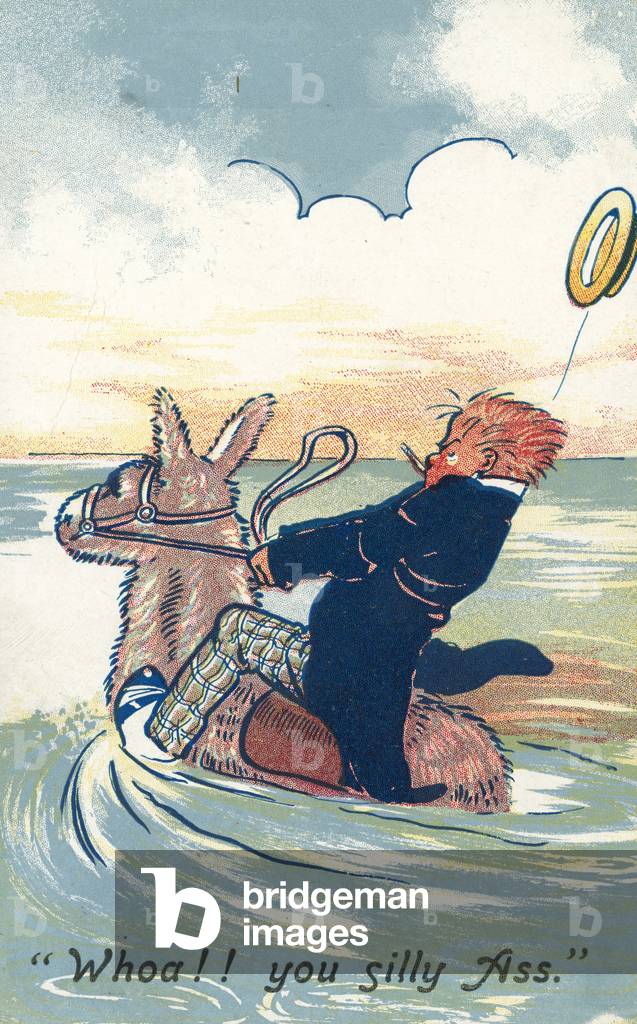 Man struggling to ride an ass as it runs into the sea (colour litho)