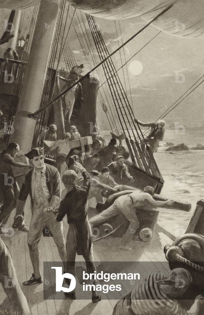 Captain James Cook's ship in trouble off Cape Tribulation (litho)