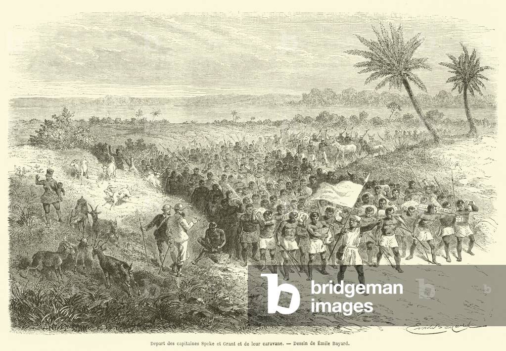 Depart des capitaines Speke et Grant et de leur caravane (engraving)
