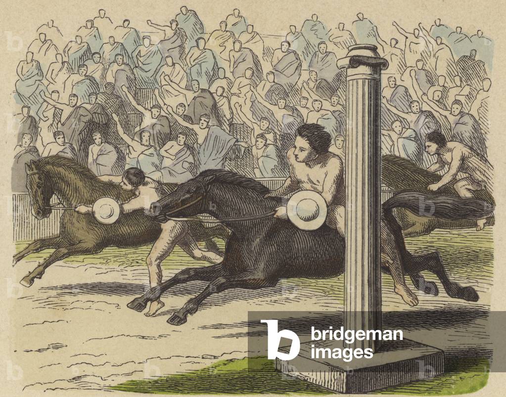 Display of horsemanship in Ancient Greece (coloured engraving)