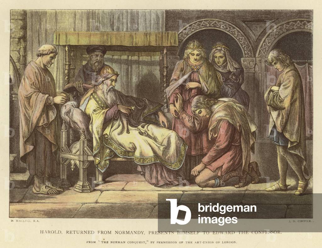 Harold, returned from Normandy, presents himself to Edward the Confessor (coloured engraving)