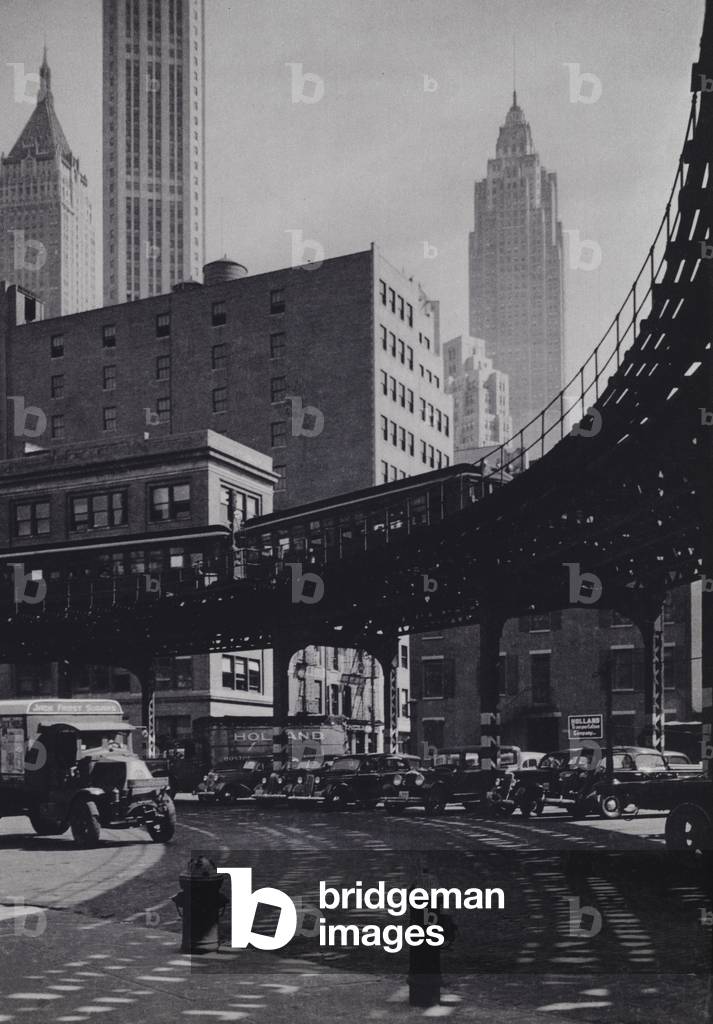 Manhattan: Coenties Slip, elevated railway (b/w photo)