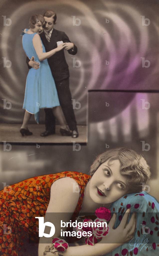 A young woman daydreams about dancing with a man (tinted photo)