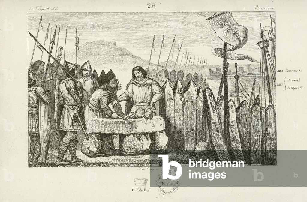 Charles the Fat pays the Vikings 700 pieces of silver to abandon their siege of Paris, 886 (engraving)