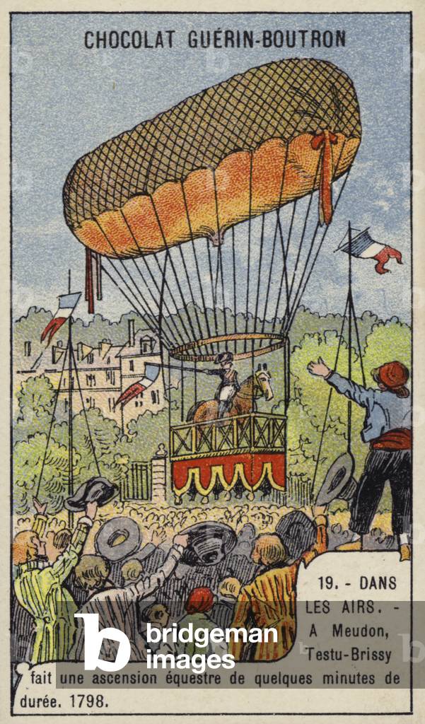 Testu-Brissy's balloon ascent on horseback, Meudon, France, 1798 (chromolitho)