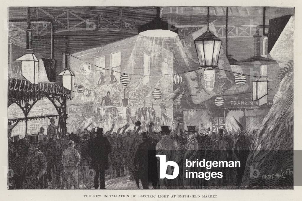 New installation of electric light at Smithfield Market, London, 1892 (litho)