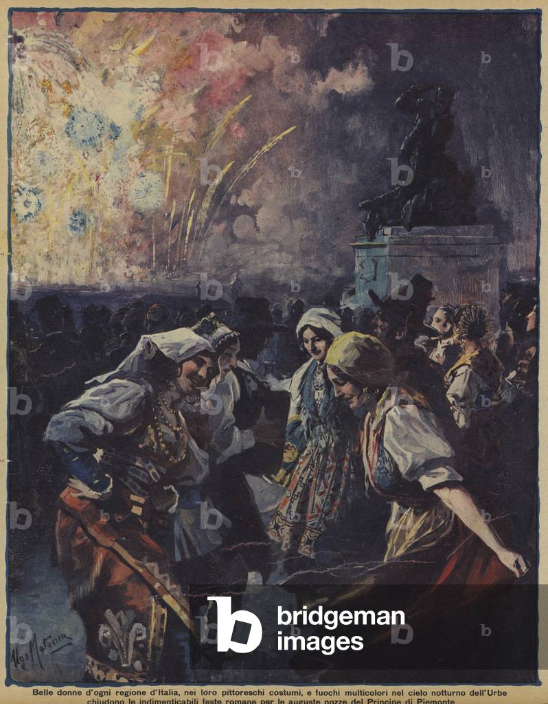 Women from various regions of Italy wearing traditional costumes dancing at the celebrations of the wedding of Prince Umberto of Piedmont, son of King Victor Emmanuel III, and Princess Marie Jose of Belgium, Rome, 8 January 1930 (colour litho)