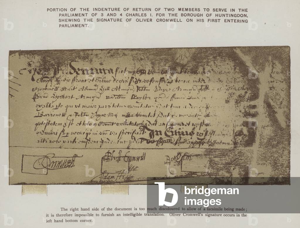 Portion of the indenture of return of two members to serve in the parliament of 3 and 4 Charles I, for the borough of Huntingdon, shewing the signature of Oliver Cromwell on his first entering parliament (colour litho)
