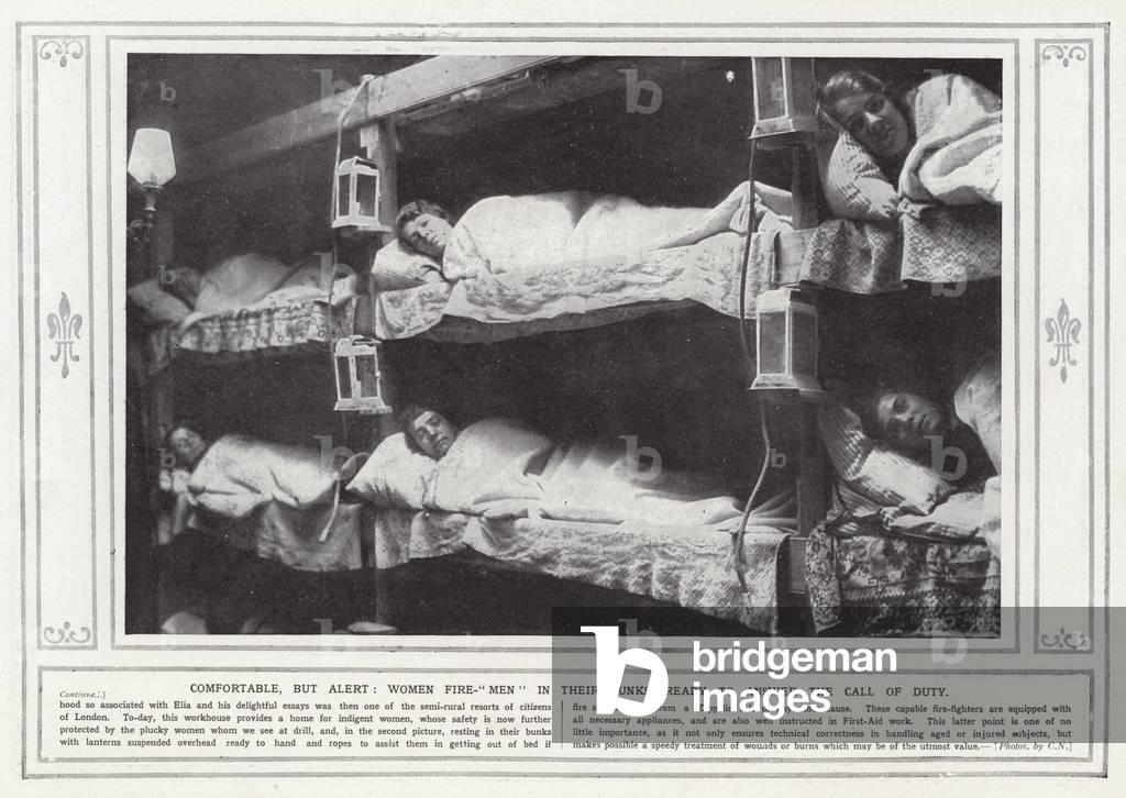 Comfortable, but alert, women fire-men in their bunks, ready to answer the call of duty (b/w photo)