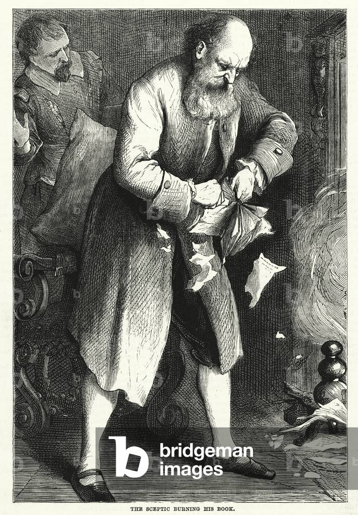 The sceptic burning his book (engraving)