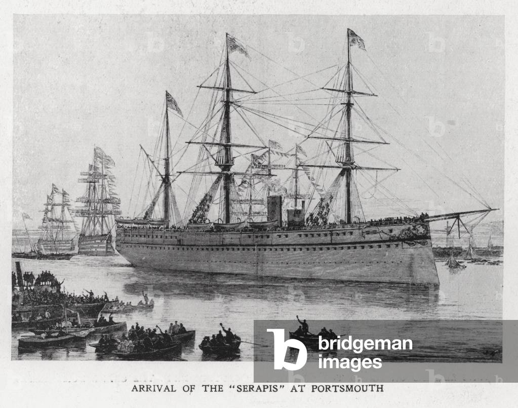 King Edward VII arriving at Portsmouth on the Serapis on his return from India, 1875 (litho)
