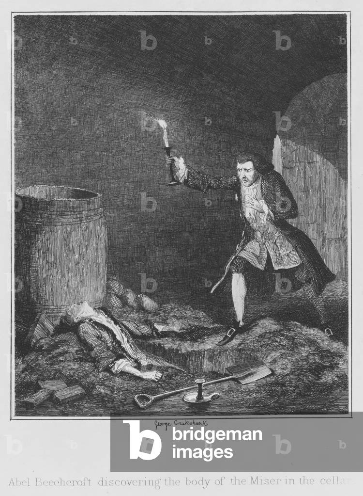 Abel Beechcroft discovering the body of the Miser in the cellar (engraving)