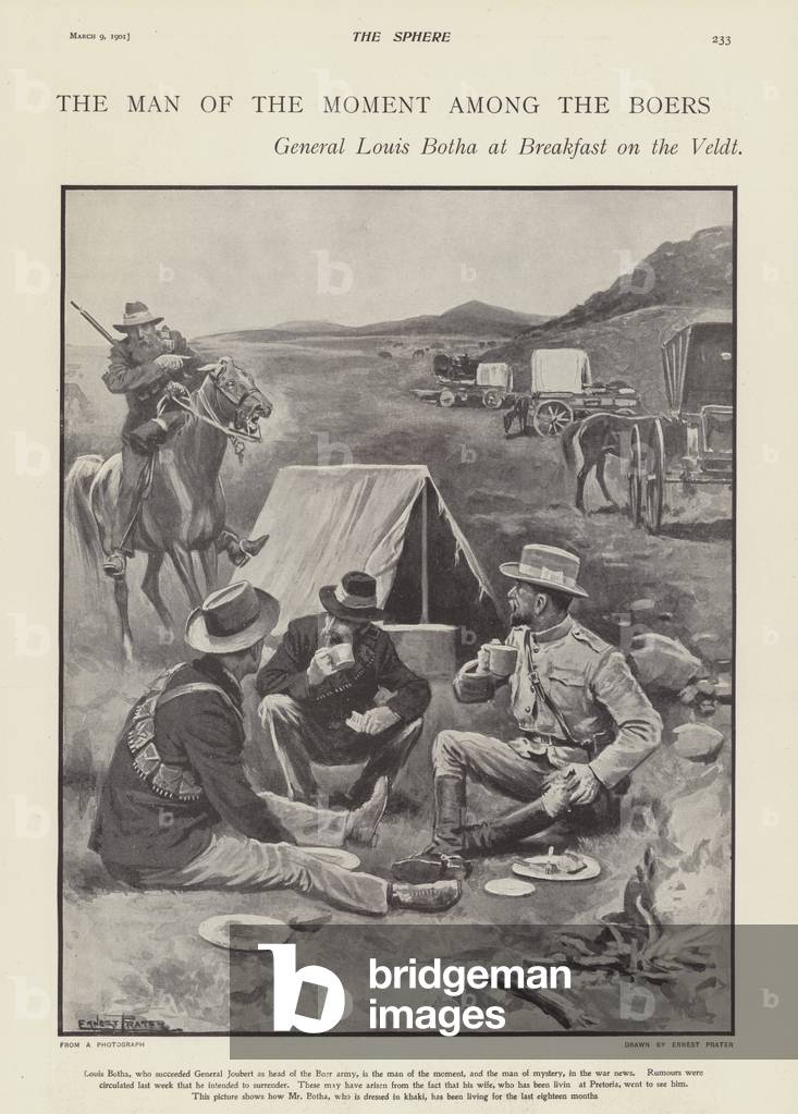 Boer General Louis Botha at breakfast on the Veldt (litho)