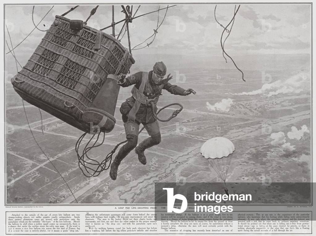 A leap for life, dropping from the car of a kite balloon (litho)