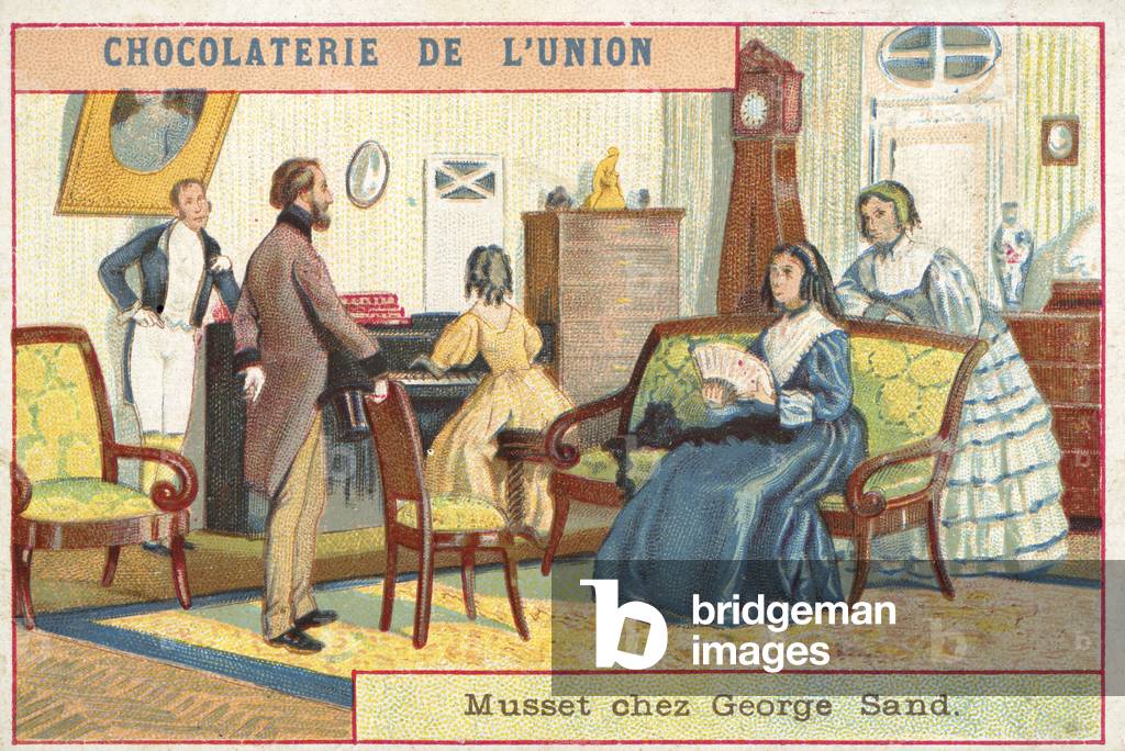 French author Alfred de Musset visiting George Sand, 19th Century (chromolitho)