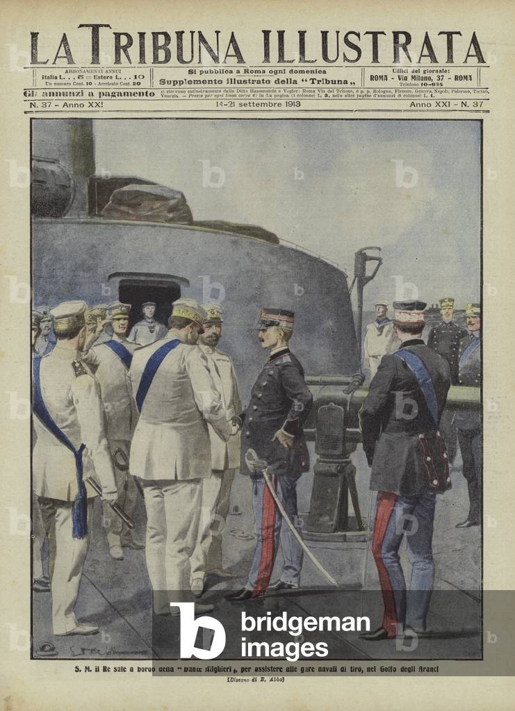 King Victor Emmanuel III of Italy on board the battleship Dante Alighieri to watch the naval gunnery competition in the Golfo degli Aranc off the coast of Sardinia (colour litho)
