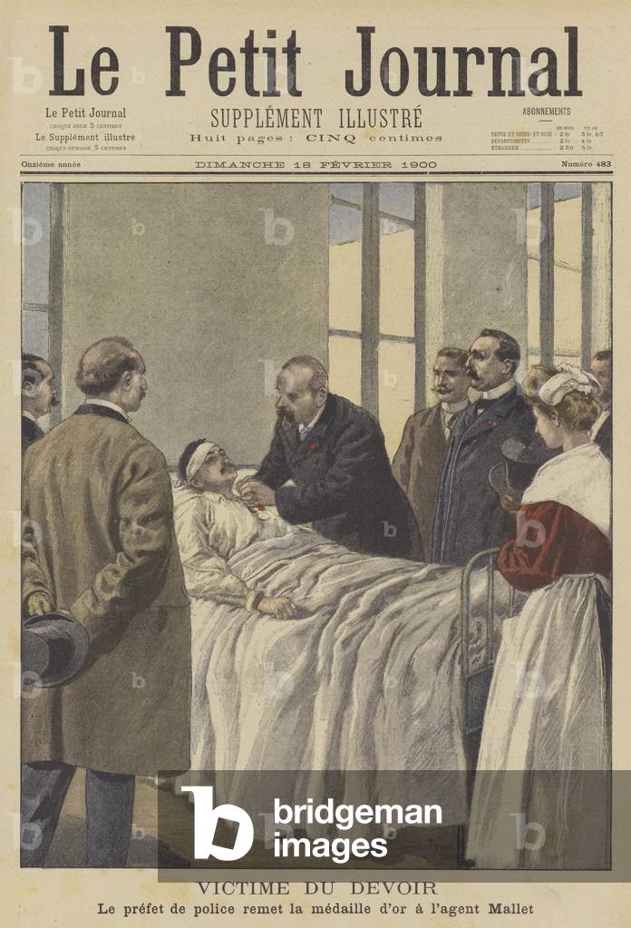 A victim of duty: The Paris Prefect of Police presenting a medal to a wounded officer (colour litho)