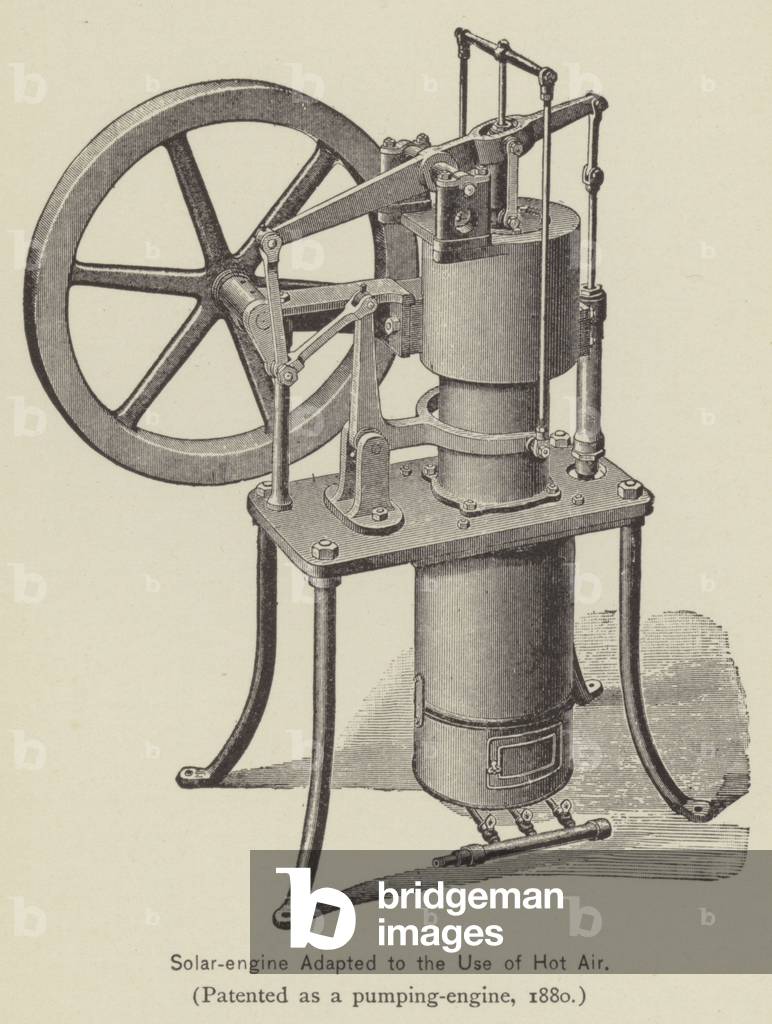 Solar-engine adapted to the Use of Hot Air, patented as a pumping-engine, 1880 (engraving)