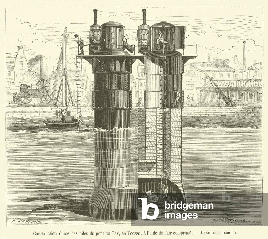 Construction d'une des piles du pont du Tay, en Ecosse, a l'aide de l'air comprime (engraving)