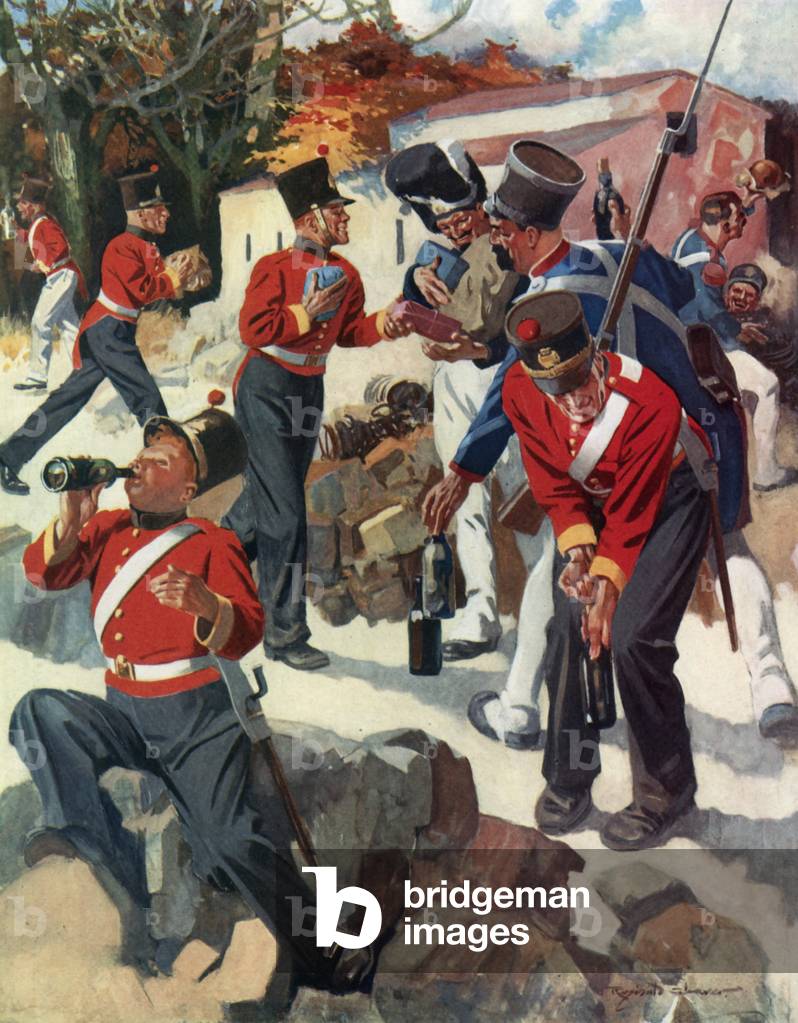 Entente Cordiale - English and French troops sharing gifts during Wellington's campaign in the Peninsula (colour litho)