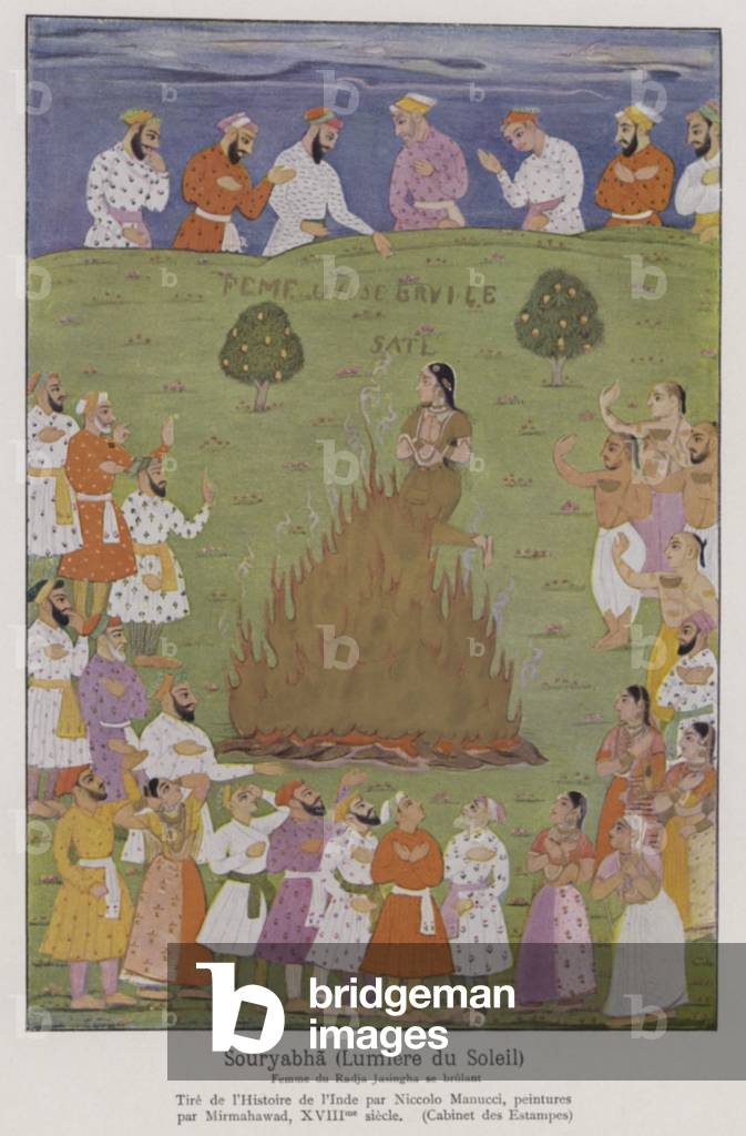 Sati, the tradition of a widow immolating herself on her huband's funeral pyre in India (colour litho)