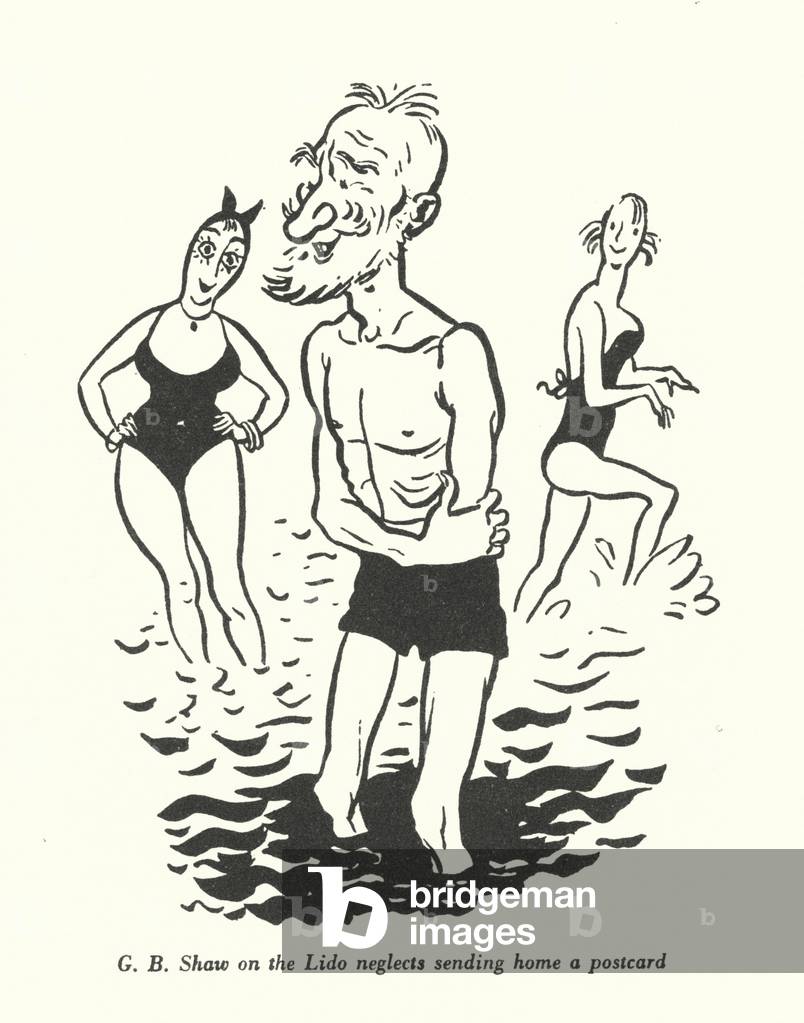 G B Shaw on the Lido neglects sending home a postcard (litho)