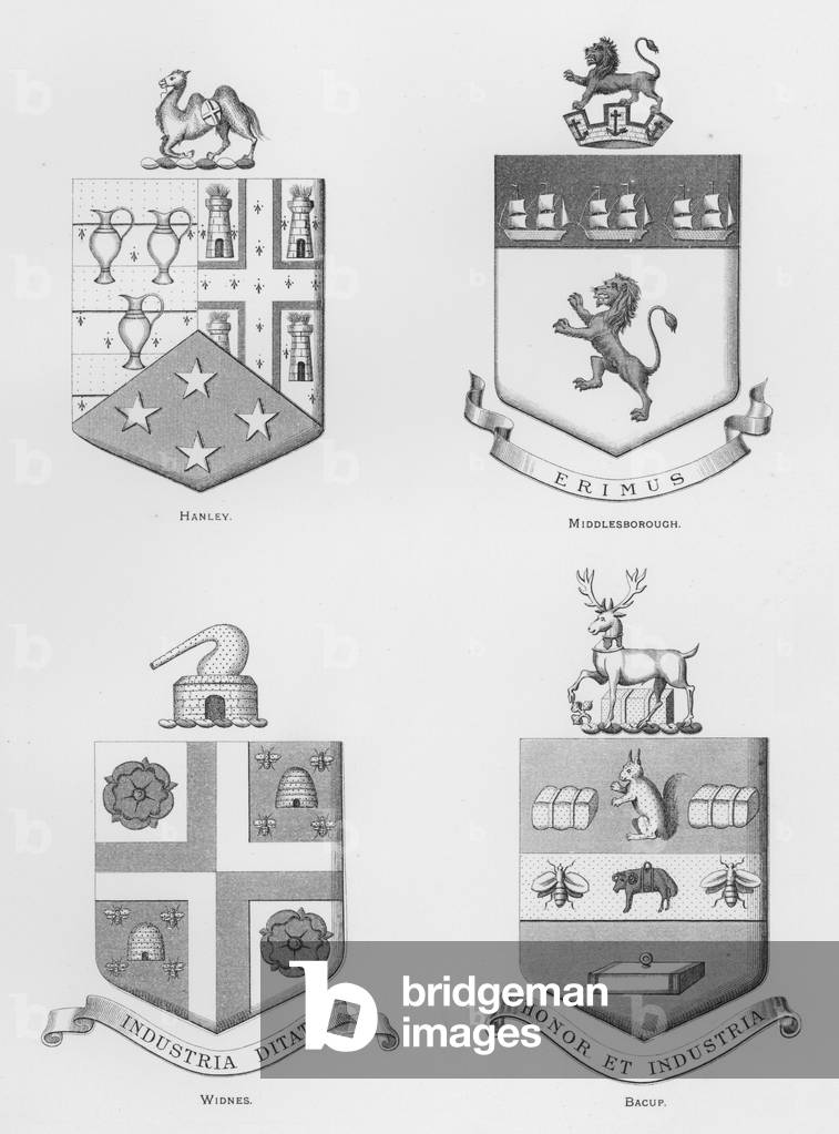 Public arms: Hanley; Middlesborough; Widnes; Bacup (engraving)