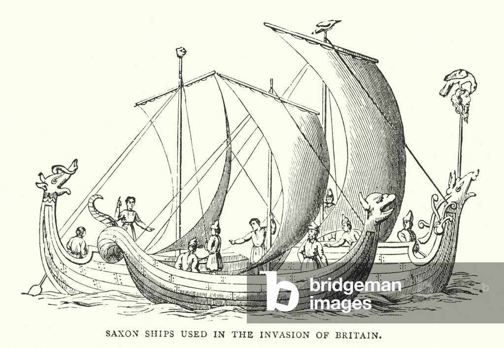 Saxon Ships used in the Invasion of Britain (coloured engraving)