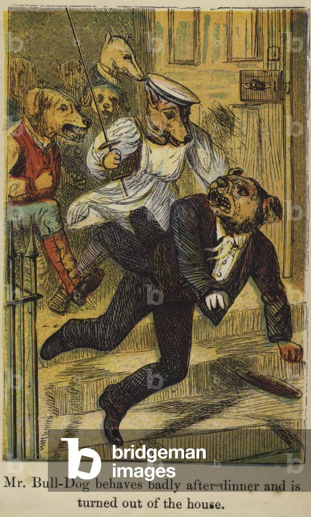Mr Bull-Dog behaves badly after dinner and is turned out of the house (colour litho)