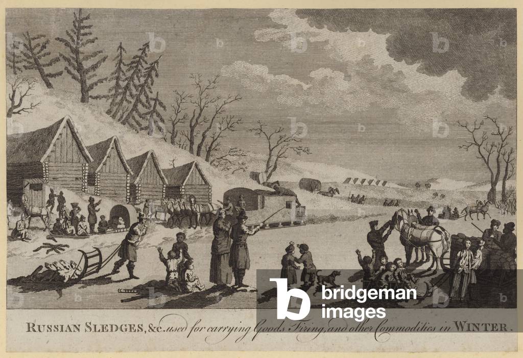 Russian Sledges, etc used for carrying Goods, Firing, and other Commodities in Winter (engraving)